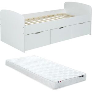 Vente-unique Lit LOUANE avec 2 tiroirs et 1 coffre de rangement - 90 x 190 cm - Blanc + Matelas