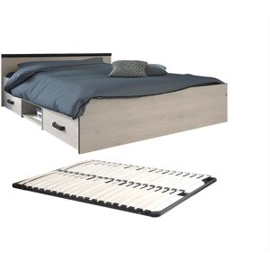 Vente-unique Lit avec rangements 140 x 190 cm - 2 tiroirs et 1 niche - Coloris : Naturel + Sommier - PABLO