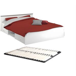 Vente-unique Lit avec rangements 140 x 190 cm - 2 tiroirs et 1 niche - Coloris : Blanc + Sommier - PABLO