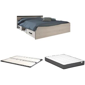 Vente-unique Lit avec rangements 140 x 190 cm - 2 tiroirs et 1 niche - Coloris : Naturel + Sommier + Matelas - PABLO