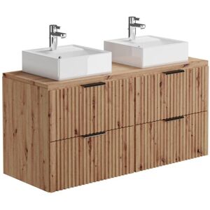 Vente-unique Meuble de salle de bain suspendu strié avec double vasque à poser carrée - Naturel clair - L120 cm - ZEVARA