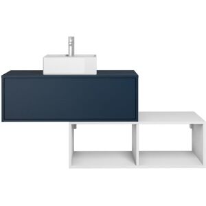 Vente-unique Meuble de salle de bain suspendu avec vasque carrée - 1 tiroir bleu et 2 niches blanches - 94 cm - TEANA II
