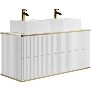 Vente-unique Meuble de salle de bain suspendu strié liseré doré avec double vasque à poser carrée - Blanc - 120 cm - KELIZA
