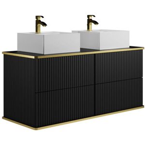 Vente-unique Meuble de salle de bain suspendu strié liseré doré avec double vasque à poser carrée - Noir - 120 cm - KELIZA