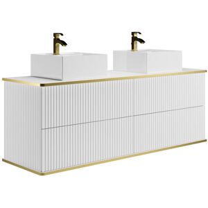 Vente-unique Meuble de salle de bain suspendu strié liseré doré avec double vasque à poser carrée et 4 tiroirs - Blanc - 150 cm - KELIZA