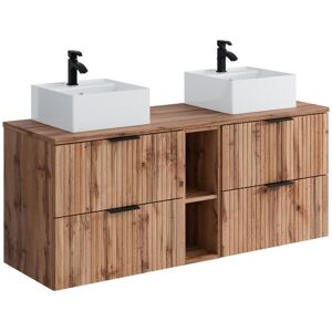 Vente-unique Meuble de salle de bain suspendu strié avec niches et double vasque à poser carrée - Naturel clair - L140 cm - ZEVARA