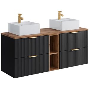 Vente-unique Meuble de salle de bain suspendu strié avec niches et double vasque à poser carrée - Noir et naturel clair - L140 cm - ZEVARA