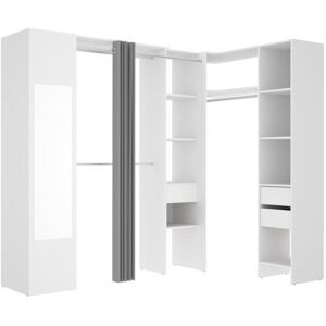 Vente-unique Dressing d'angle avec rideau et 1 porte - Avec miroir - L231 cm - Blanc et gris - BERTRAND