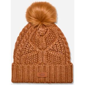 UGG® Women's Cable Beanie With Pom Knit/Faux Fur in Chestnut - Chestnut - Size: O/S