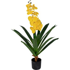 Home-tex Kunstig Orkidé - 80 cm - Ét grenet gule blomster - Kunstig blomst i sort potte