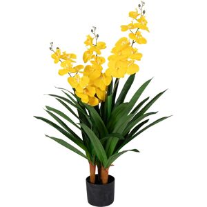 Home-tex Kunstig Orkidé - 100 cm - 3-grenet - Gule blomster - Kunstig blomst i sort potte