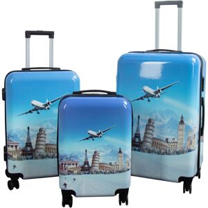 Borg Living Kuffertsæt - 3 Stk. - Kuffert med motiv - Airplane - Hardcase letvægt kuffert med 4 hjul